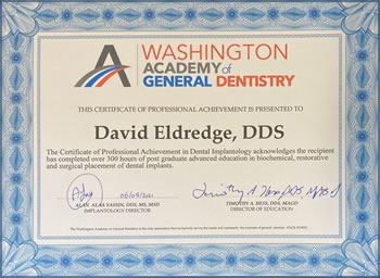 Dental Implantology Certificate for Dr. David Eldredge